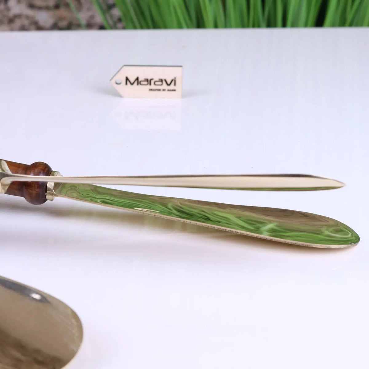 Naka Wood and Brass Long Shoe Horn 46 cm with Animal Top