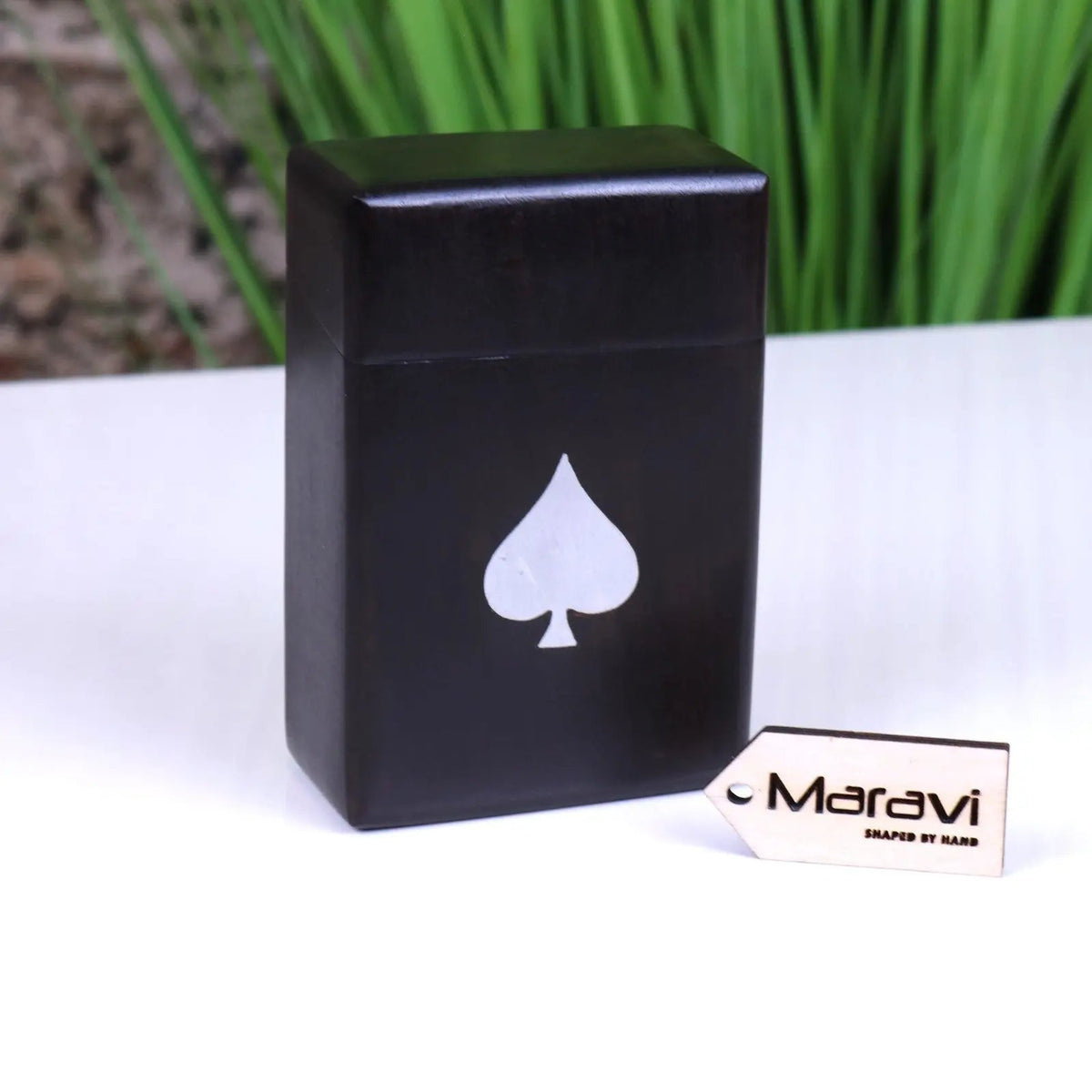 Harra Black Sheesham Wood Playing Card Box with Ace of Spades Inlay