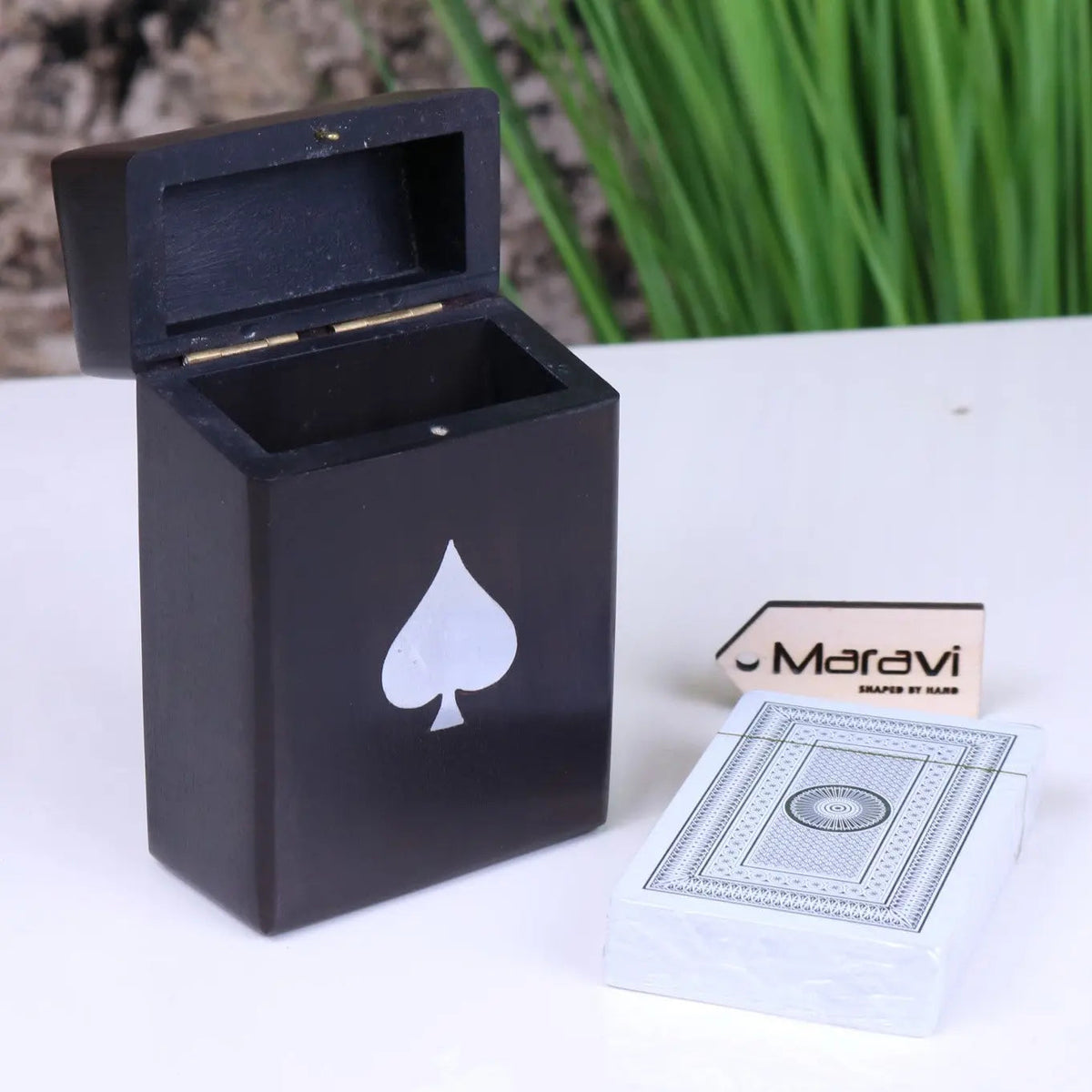 Harra Black Sheesham Wood Playing Card Box with Ace of Spades Inlay