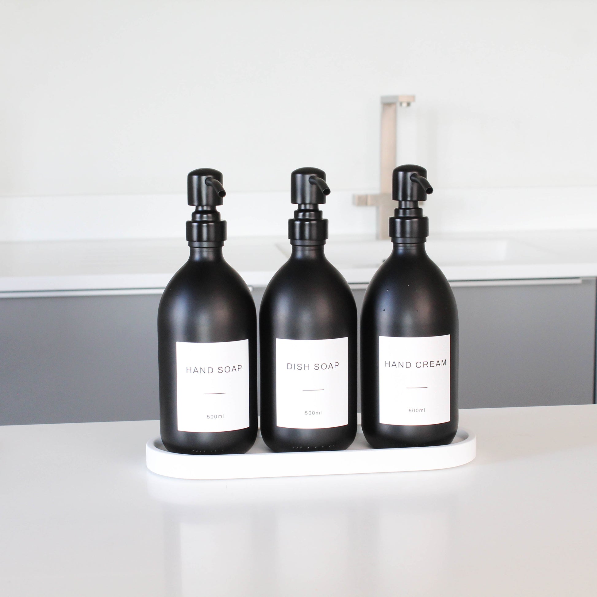 Namie Matte Black Glass Soap Dispenser Triple Set with White Concrete Tray