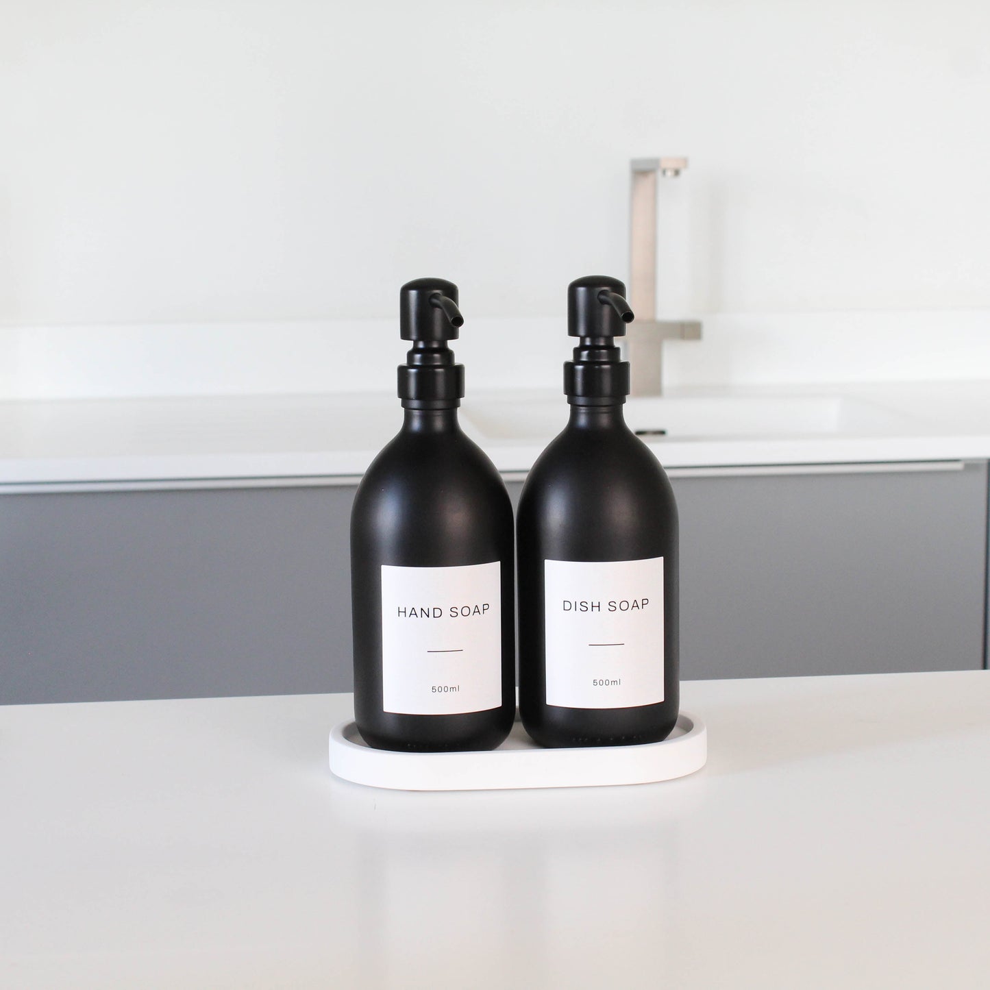 Namie Matte Black Glass Soap Dispenser Double Set with White Concrete Tray