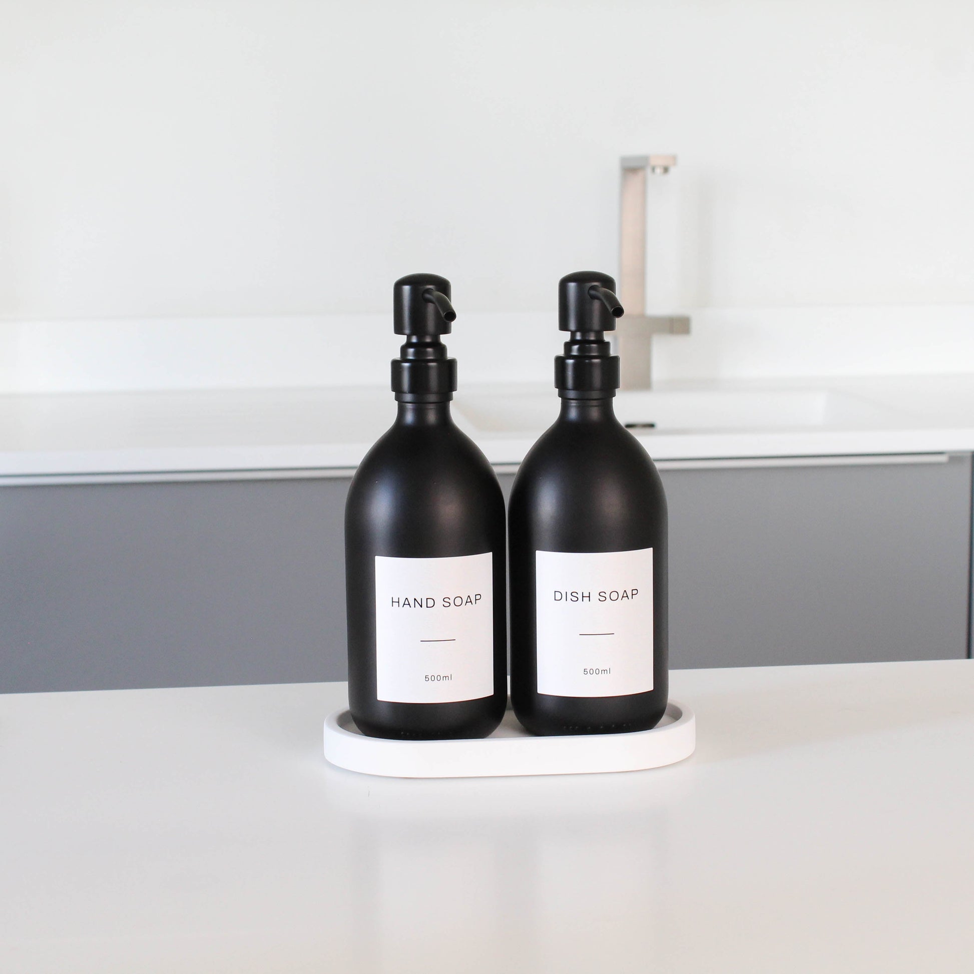 Namie Matte Black Glass Soap Dispenser Double Set with White Concrete Tray