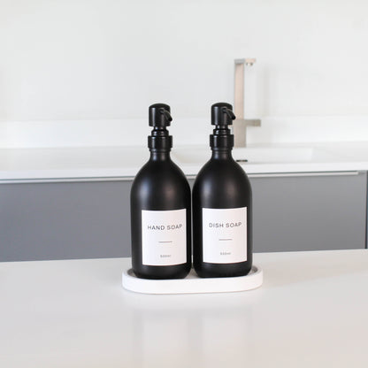 Namie Matte Black Glass Soap Dispenser Double Set with White Concrete Tray