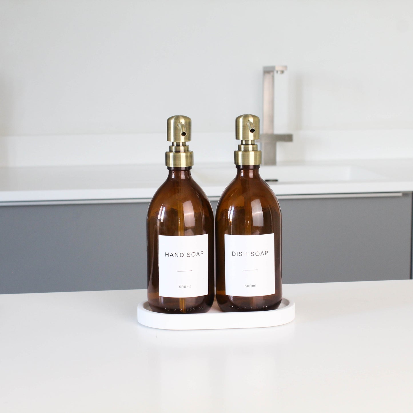 Namie Amber Glass Soap Dispenser Double Set with White Concrete Tray