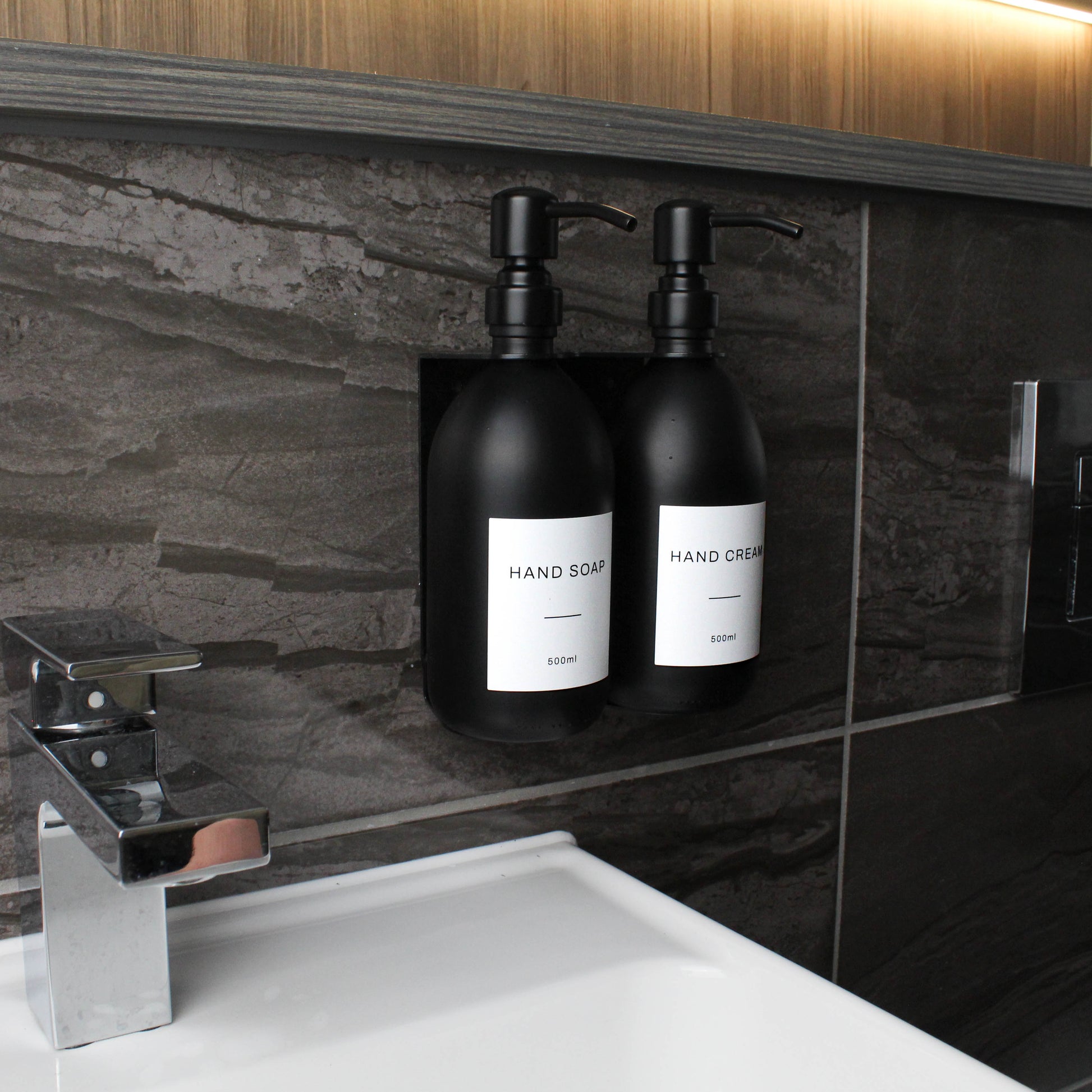 Namie Matte Black Wall Mounted Dispenser Bracket Set with Matte Black Bottles
