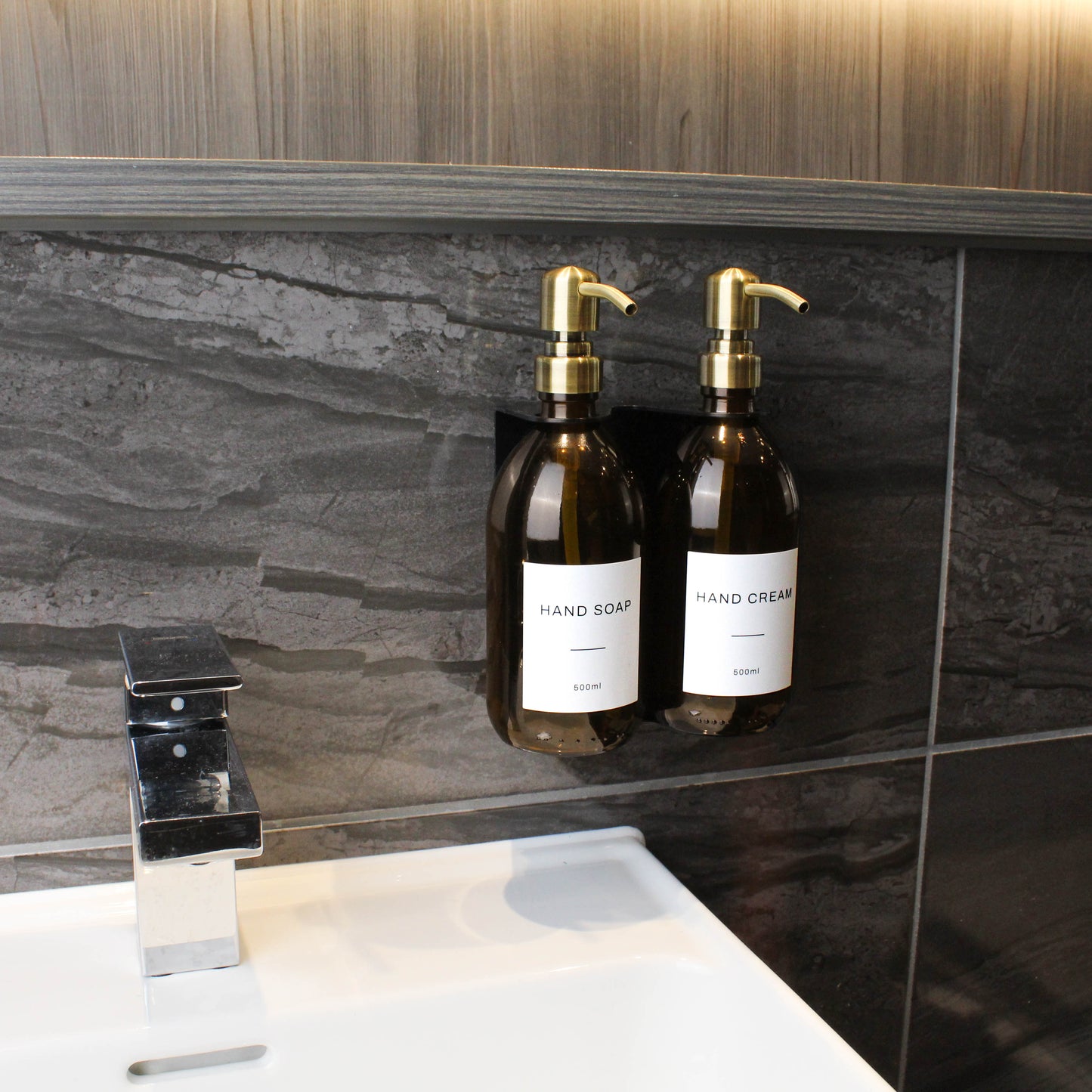 Namie Black Wall Bracket & Amber Glass Dispenser Set
