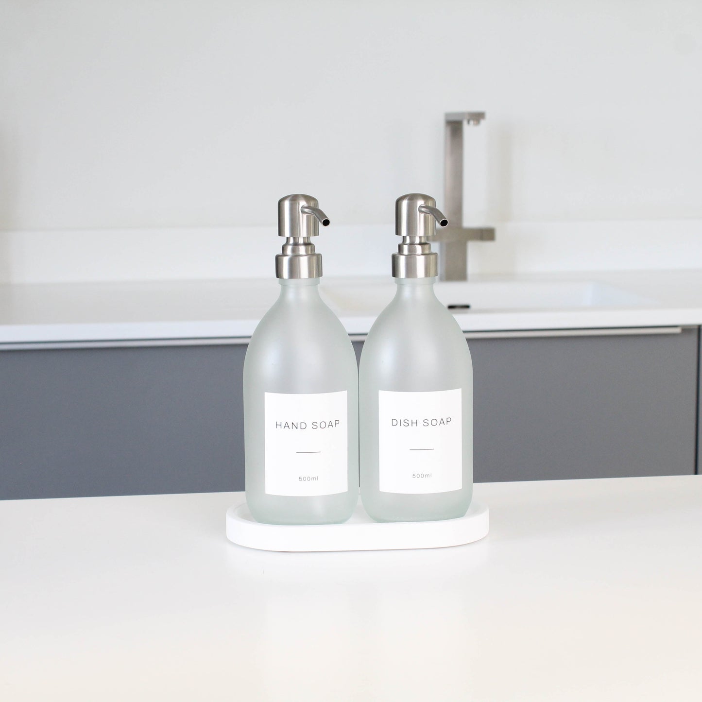 Frosted White Glass Soap Dispenser Set with Concrete Tray