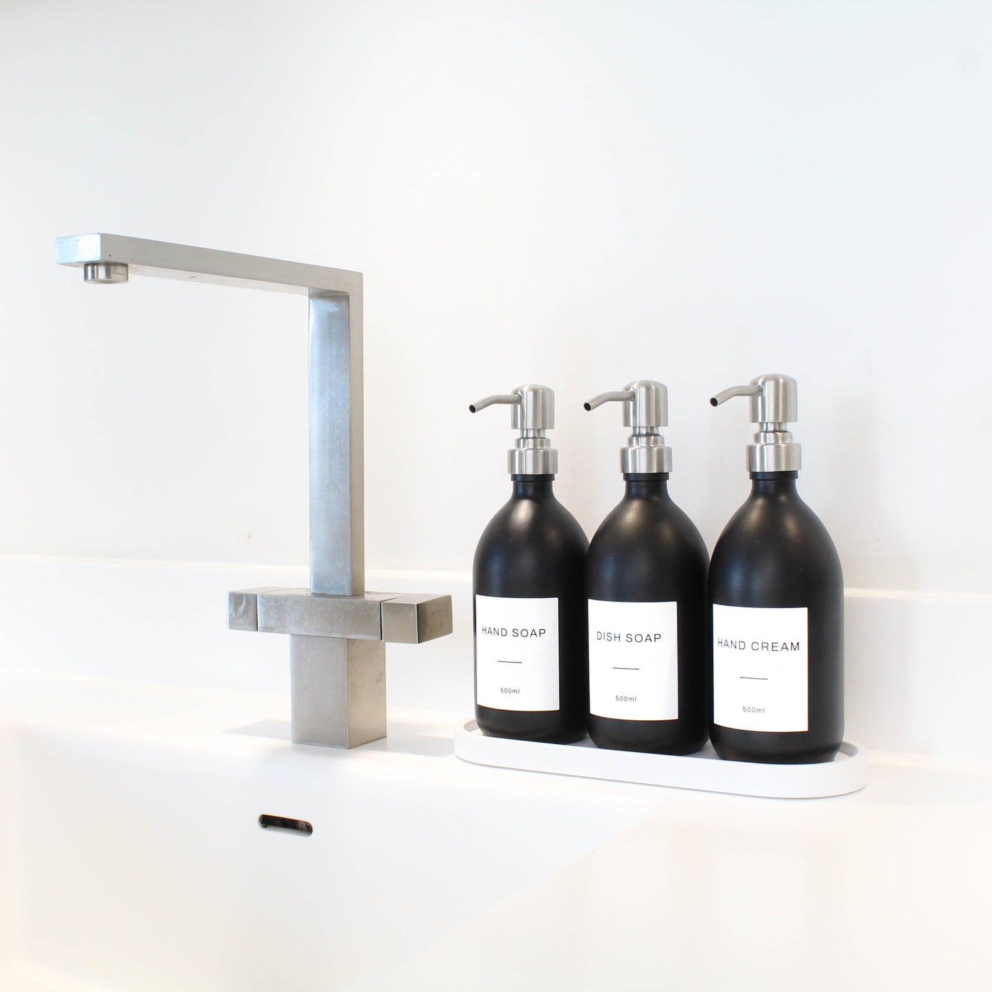 Namie Matte Black Glass Soap Dispenser Triple Set with White Concrete Tray