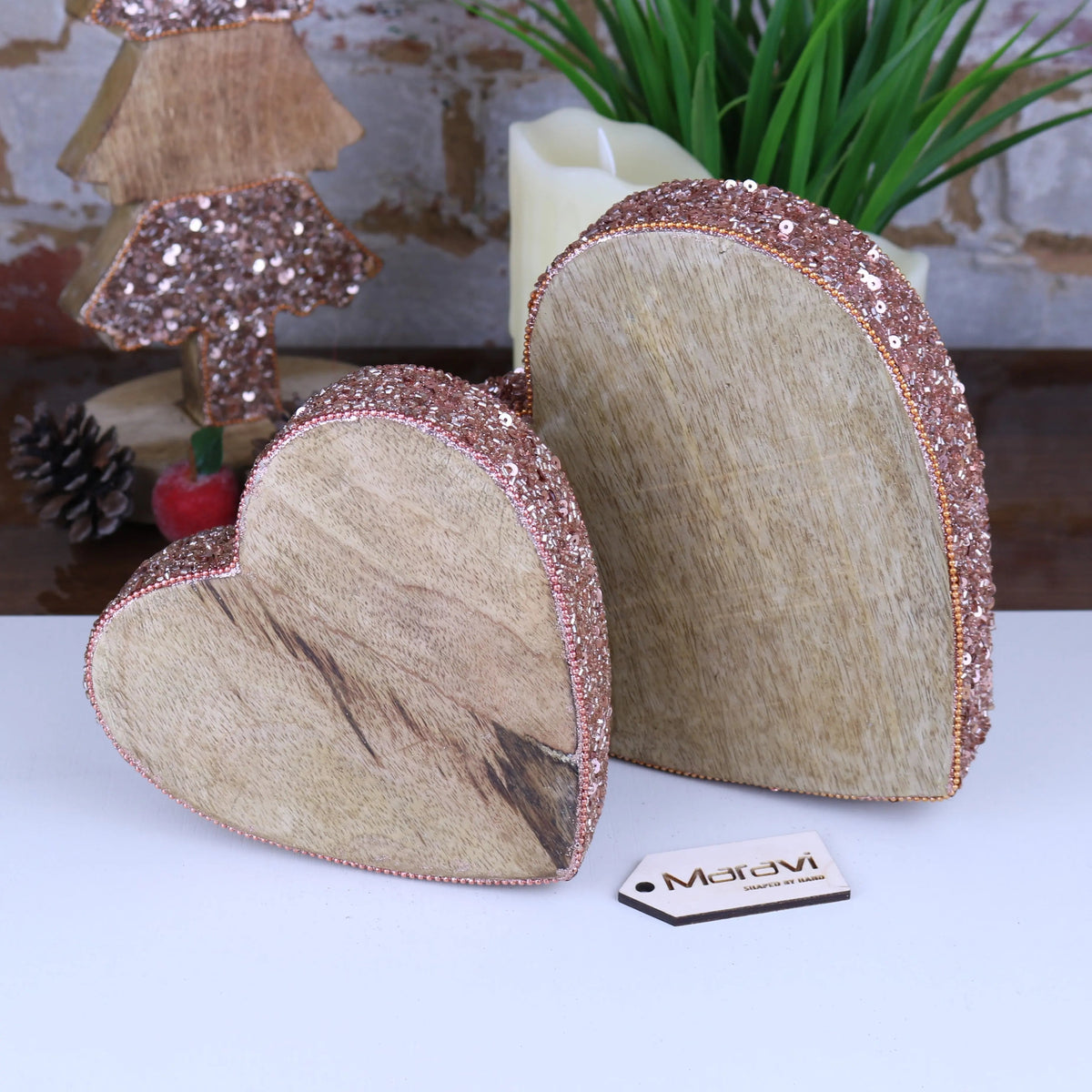 Lovell Mango Wood Christmas Heart Decoration with Copper Jewel Edging, 2 Sizes