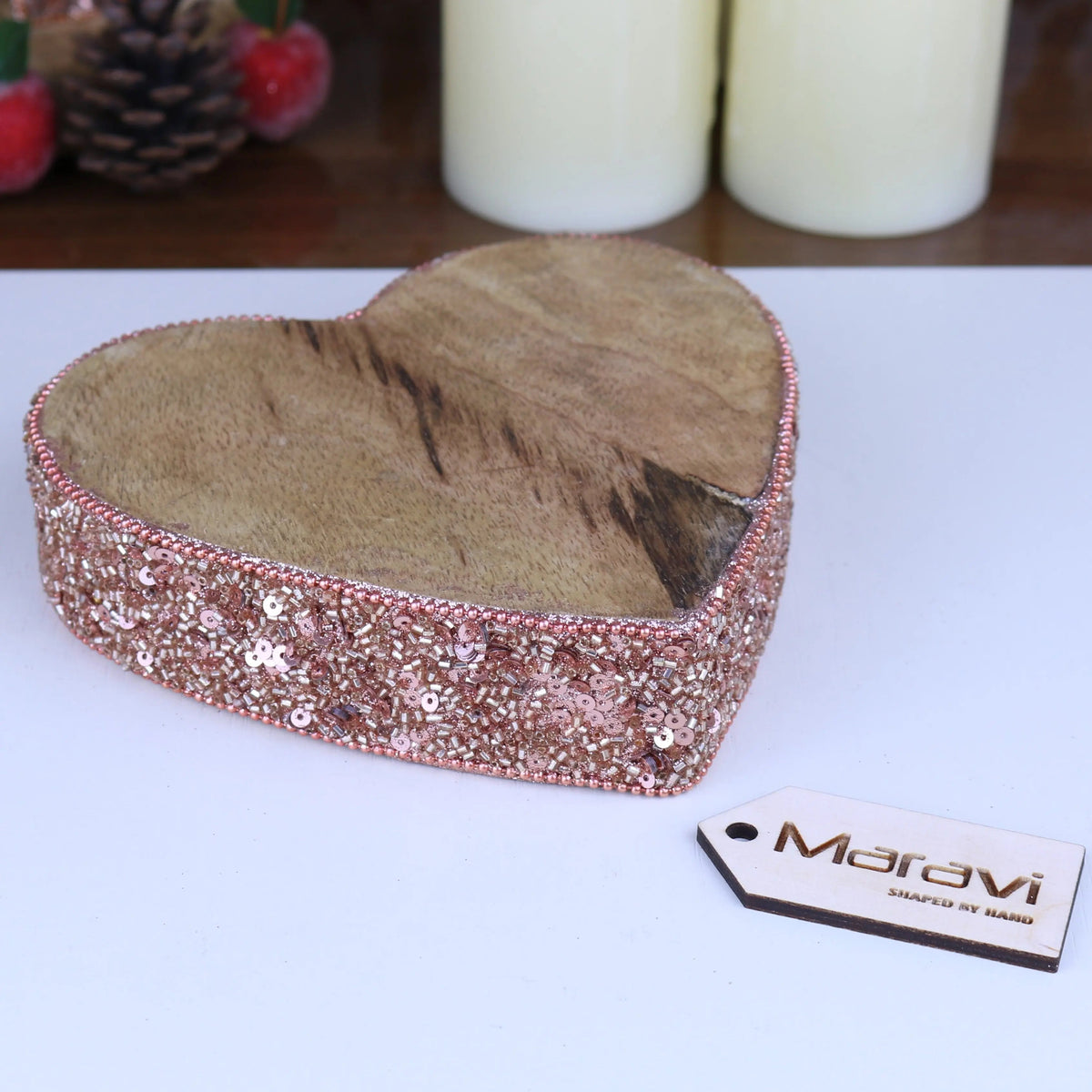 Lovell Mango Wood Christmas Heart Decoration with Copper Jewel Edging, 2 Sizes
