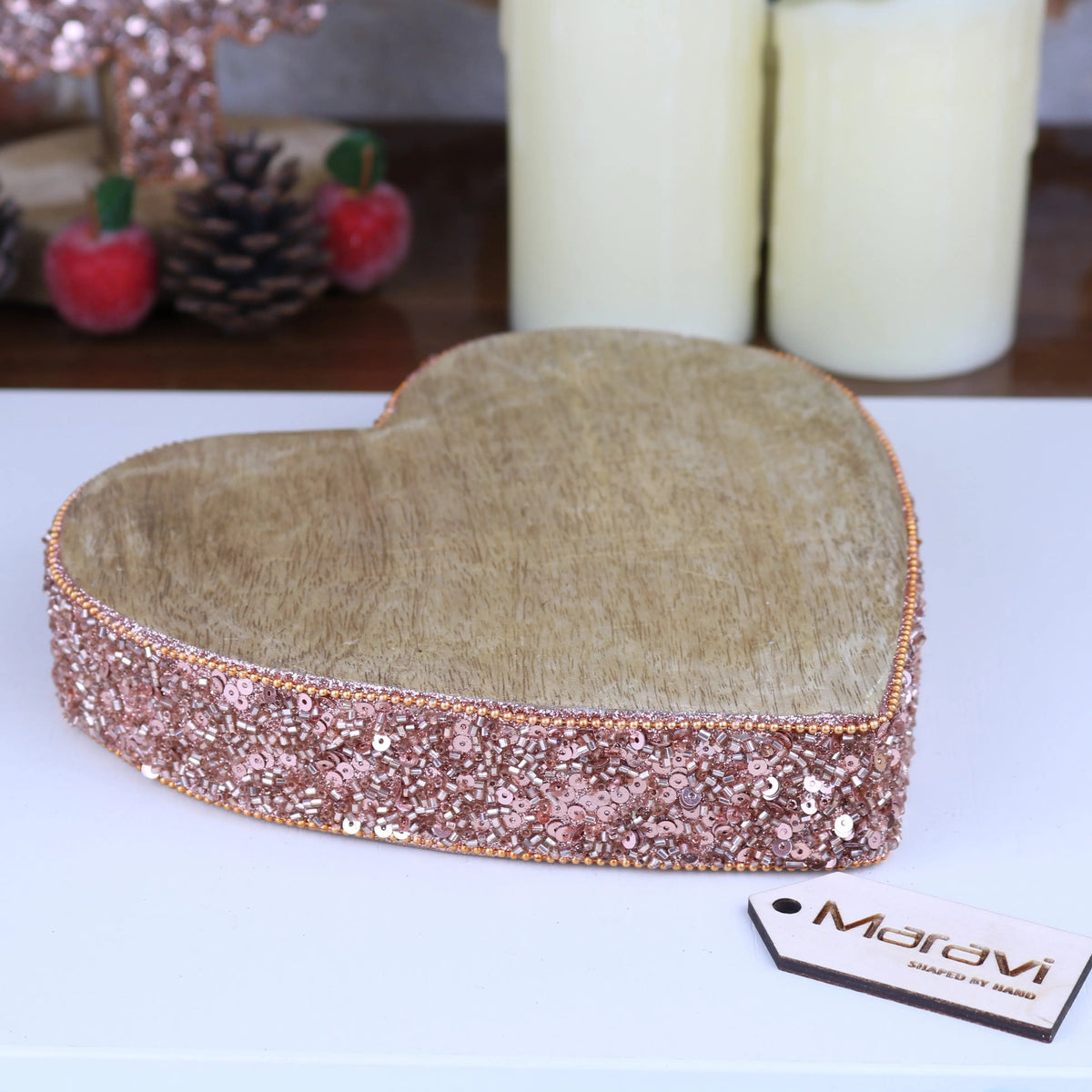 Lovell Mango Wood Christmas Heart Decoration with Copper Jewel Edging, 2 Sizes