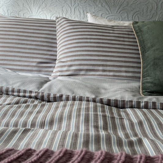 Dormitory Duncan Espresso Striped Cotton Duvet Cover, Pillowcases & Fitted Sheet