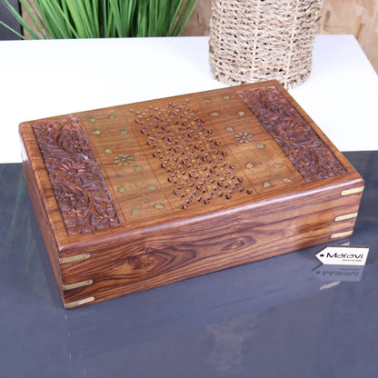 Vervek Large Hand Carved Sheesham Wood Box with Brass Inlay