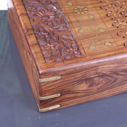 Vervek Large Hand Carved Sheesham Wood Box with Brass Inlay