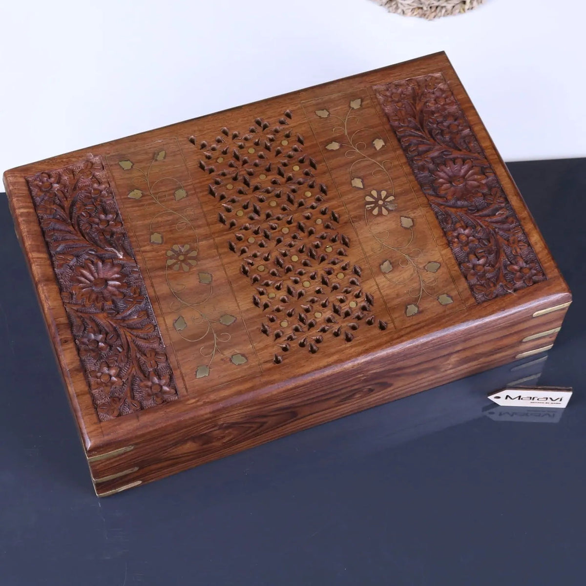 Vervek Large Hand Carved Sheesham Wood Box with Brass Inlay