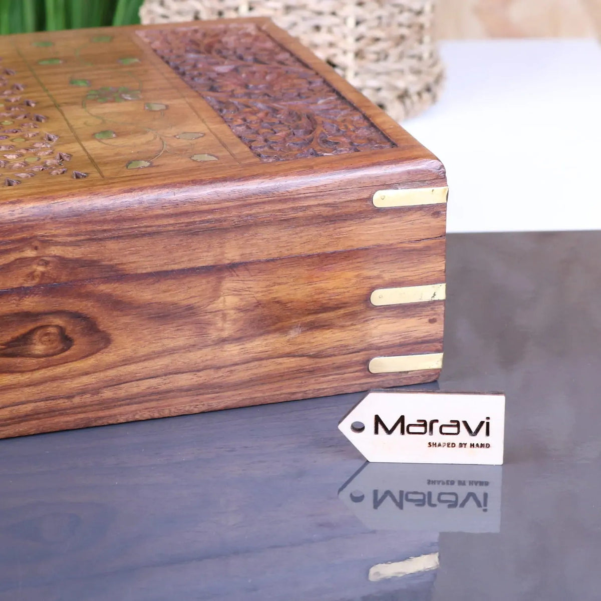 Vervek Large Hand Carved Sheesham Wood Box with Brass Inlay
