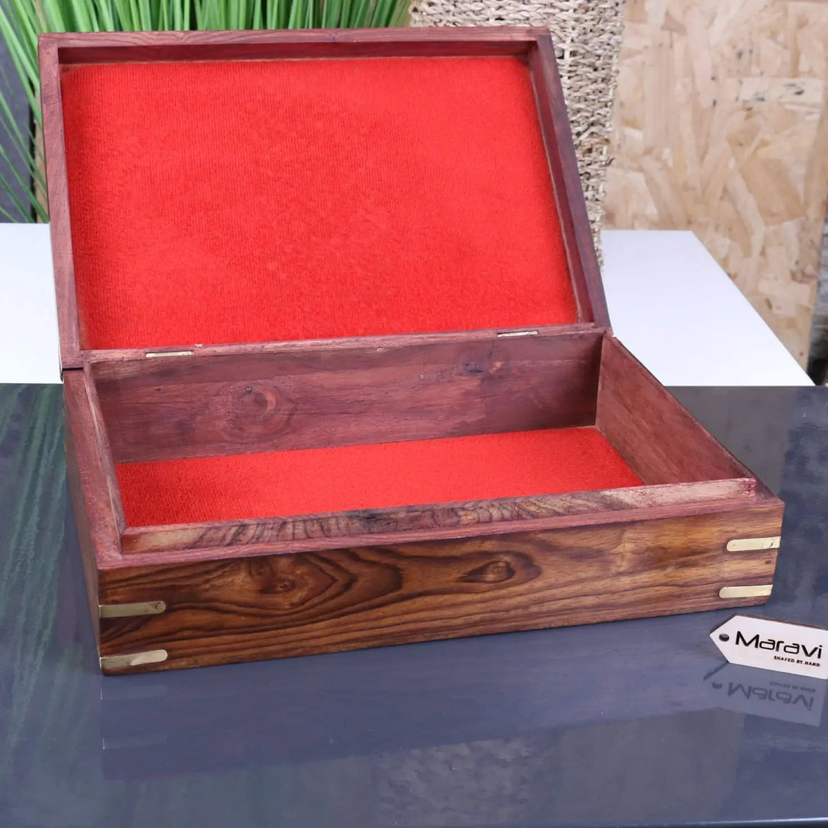 Vervek Large Hand Carved Sheesham Wood Box with Brass Inlay