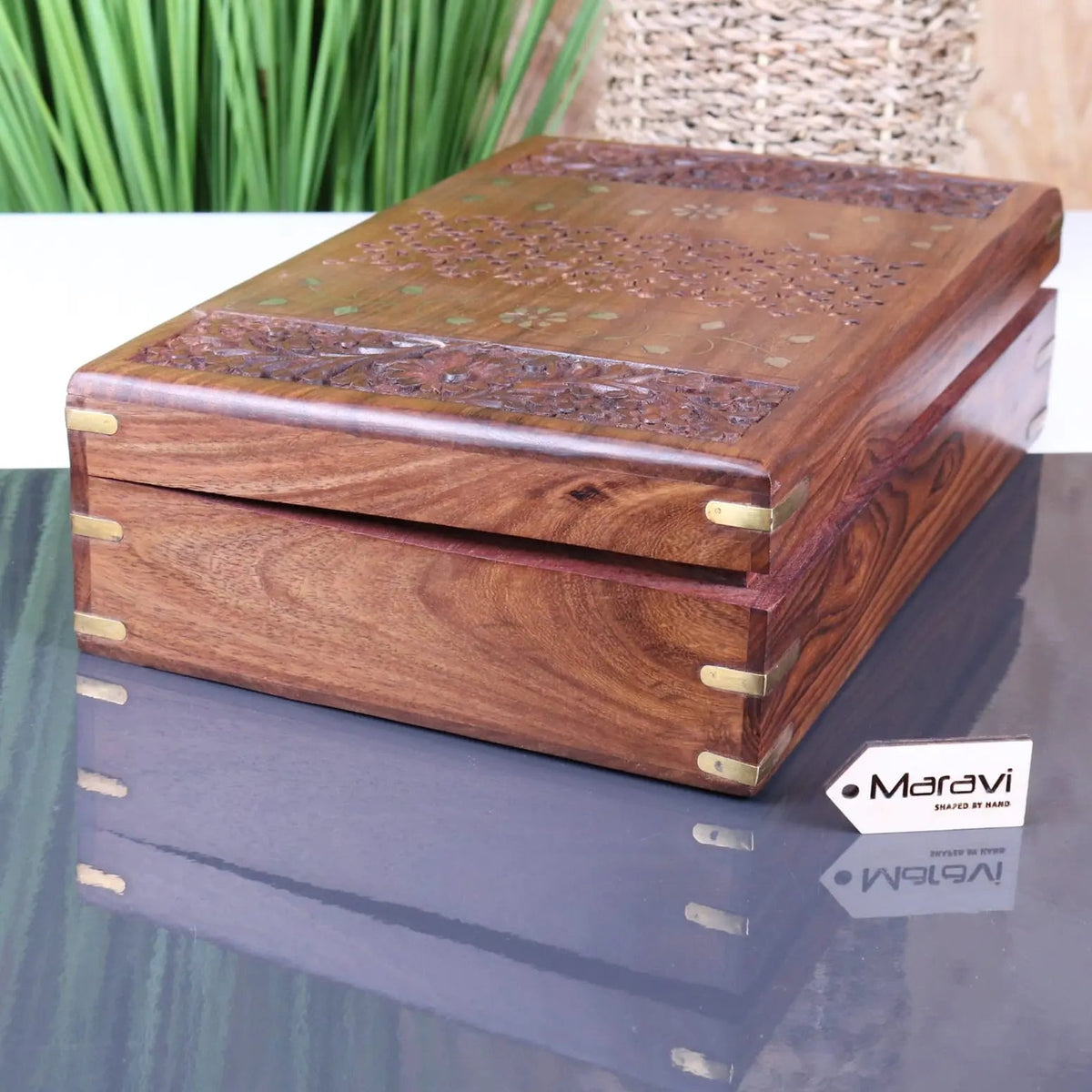Vervek Large Hand Carved Sheesham Wood Box with Brass Inlay