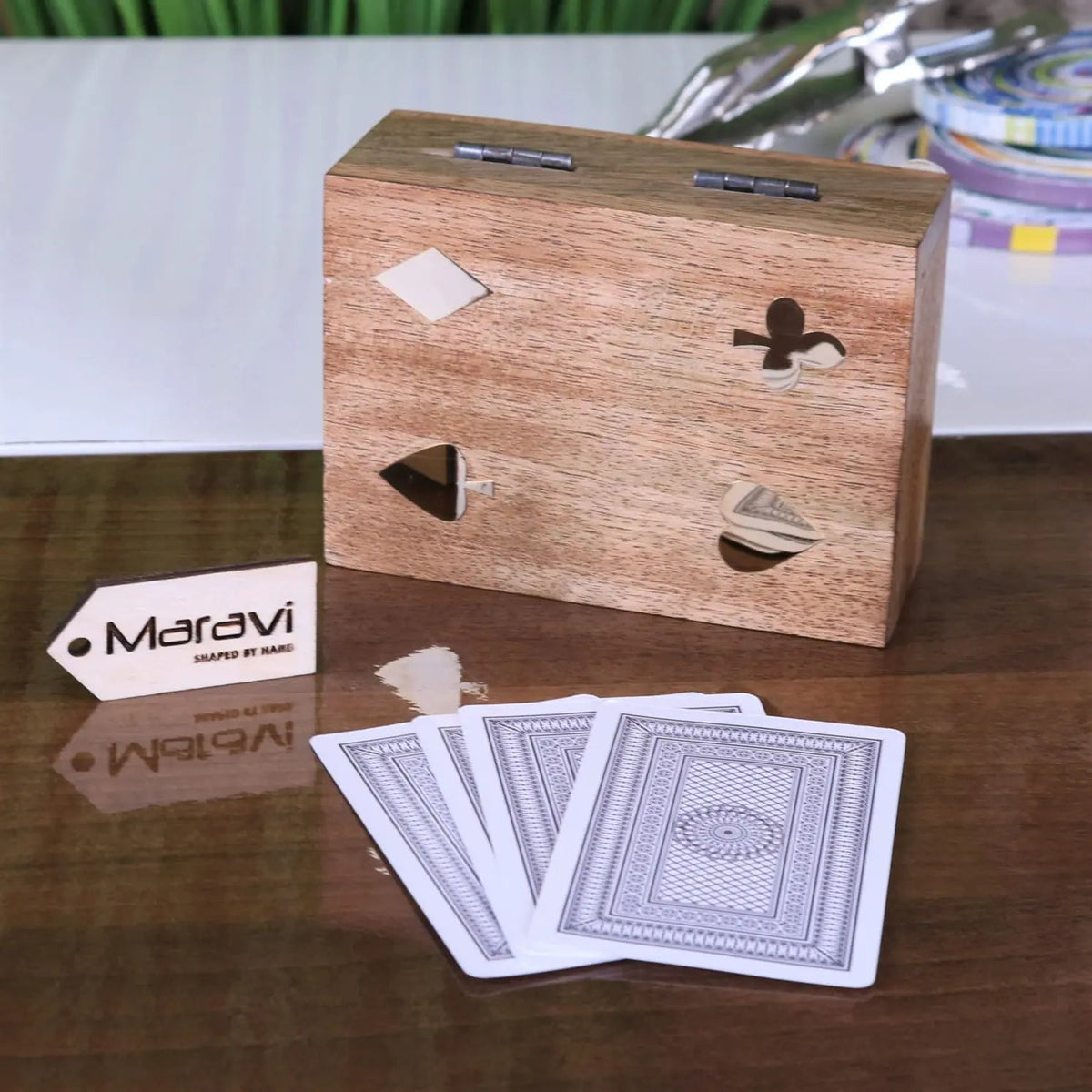 Mahe Mango Wood Playing Card Box with Brass Suit Inlay and Cards