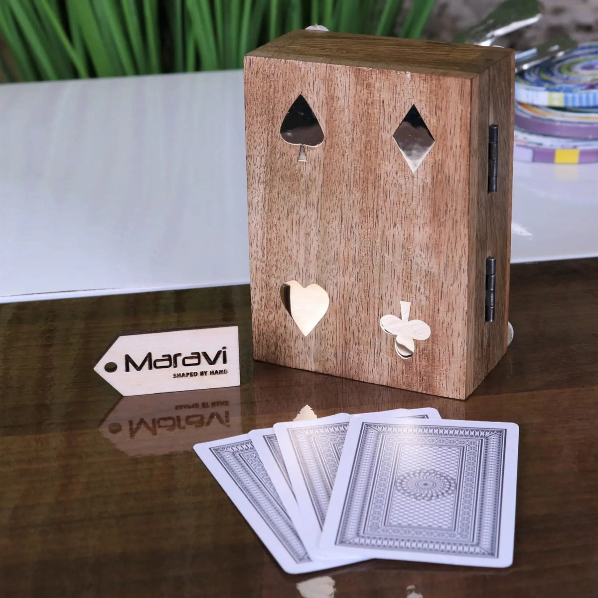 Mahe Mango Wood Playing Card Box with Brass Suit Inlay and Cards