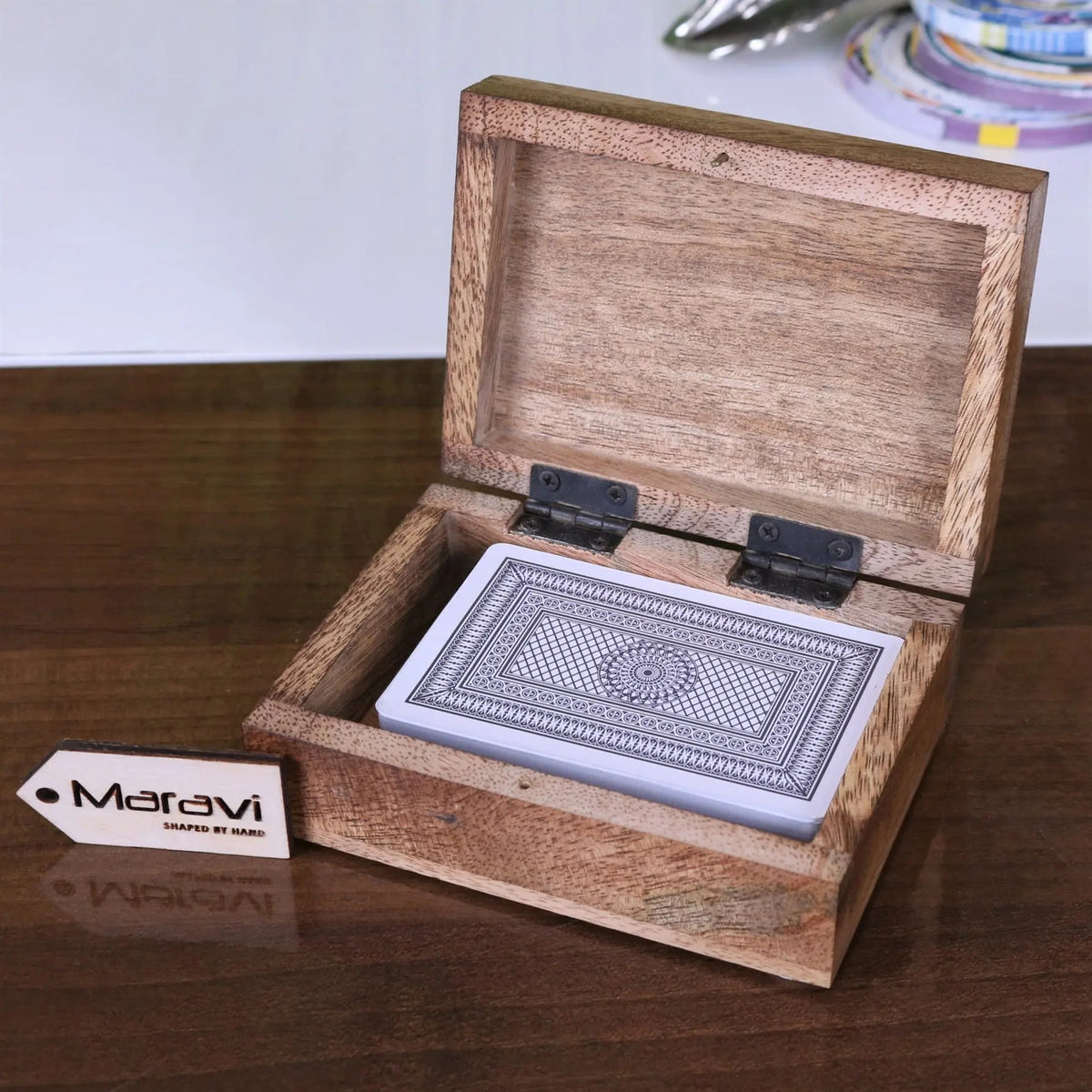 Mahe Mango Wood Playing Card Box with Brass Suit Inlay and Cards