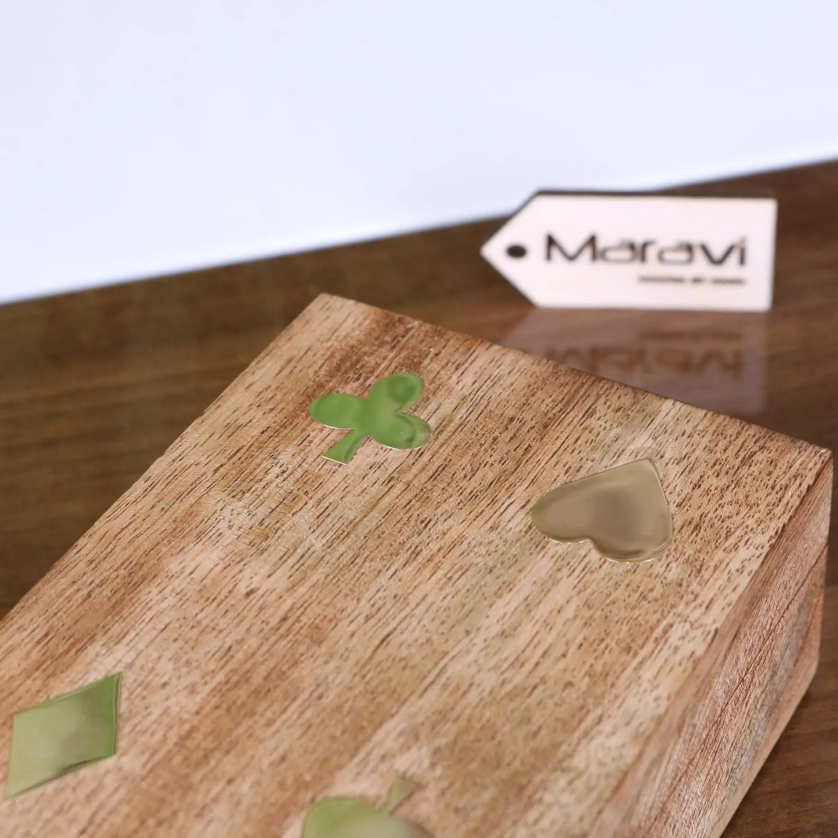Mahe Mango Wood Playing Card Box with Brass Suit Inlay and Cards