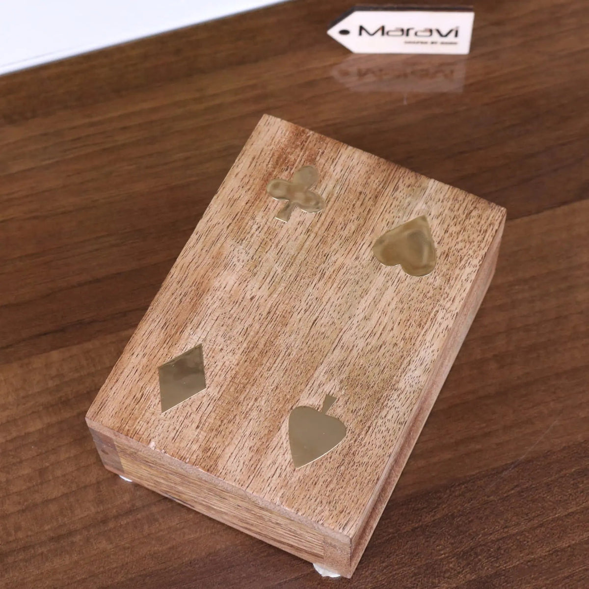 Mahe Mango Wood Playing Card Box with Brass Suit Inlay and Cards
