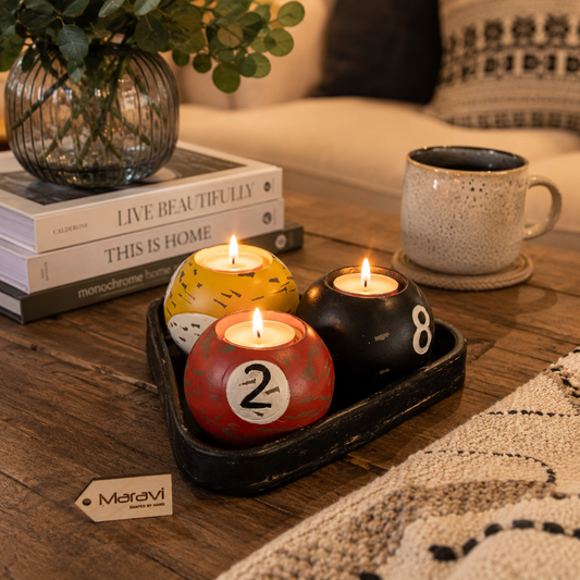 Ingali Pool 8 Ball Tealight Holders, Set of 3 with Tray