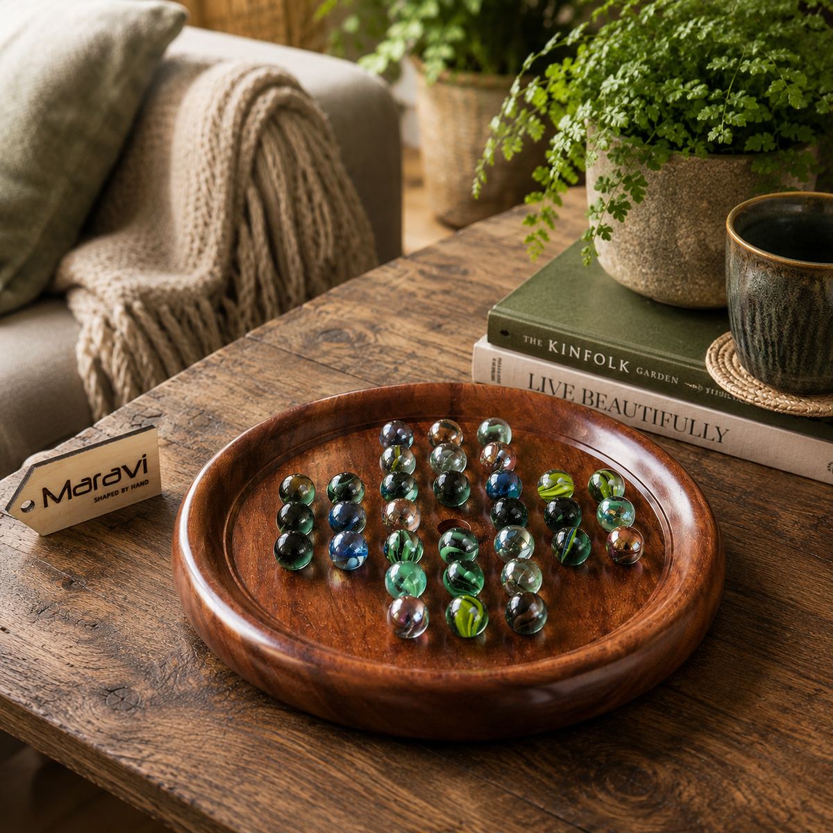 Jajur Sheesham Wood Solitaire Board Game with Glass Marbles, 3 Sizes