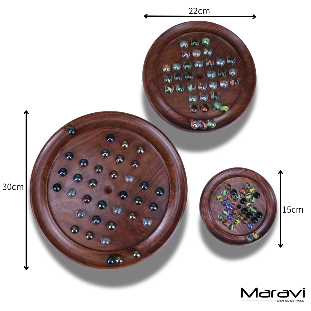 Jajur Sheesham Wood Solitaire Board Game with Glass Marbles, 3 Sizes