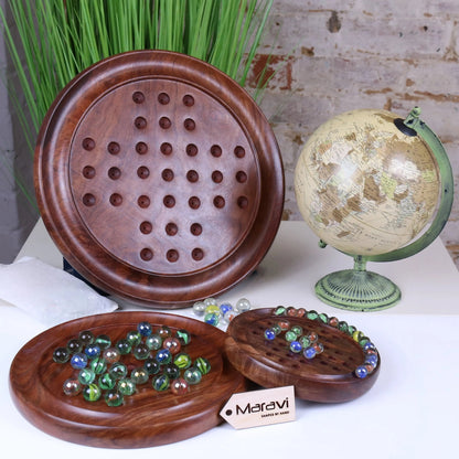Jajur Sheesham Wood Solitaire Board Game with Glass Marbles, 3 Sizes