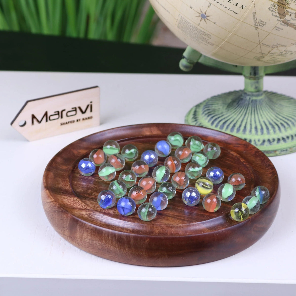 Jajur Sheesham Wood Solitaire Board Game with Glass Marbles, 3 Sizes