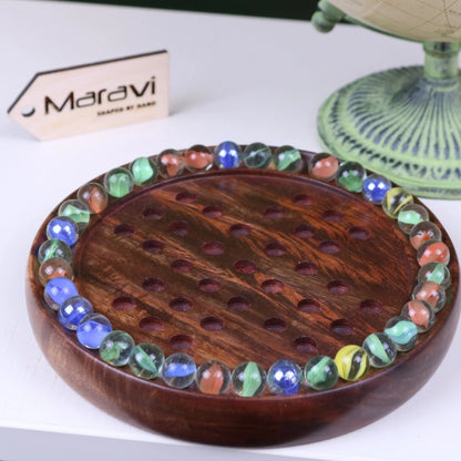 Jajur Sheesham Wood Solitaire Board Game with Glass Marbles, 3 Sizes