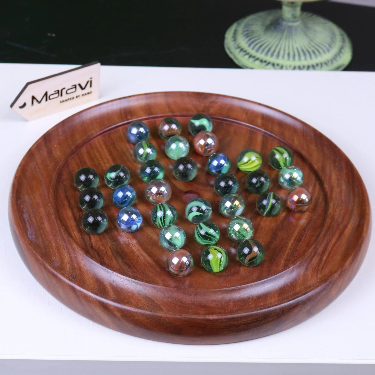 Jajur Sheesham Wood Solitaire Board Game with Glass Marbles, 3 Sizes