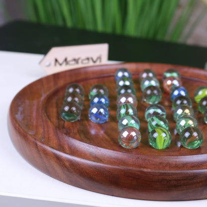 Jajur Sheesham Wood Solitaire Board Game with Glass Marbles, 3 Sizes