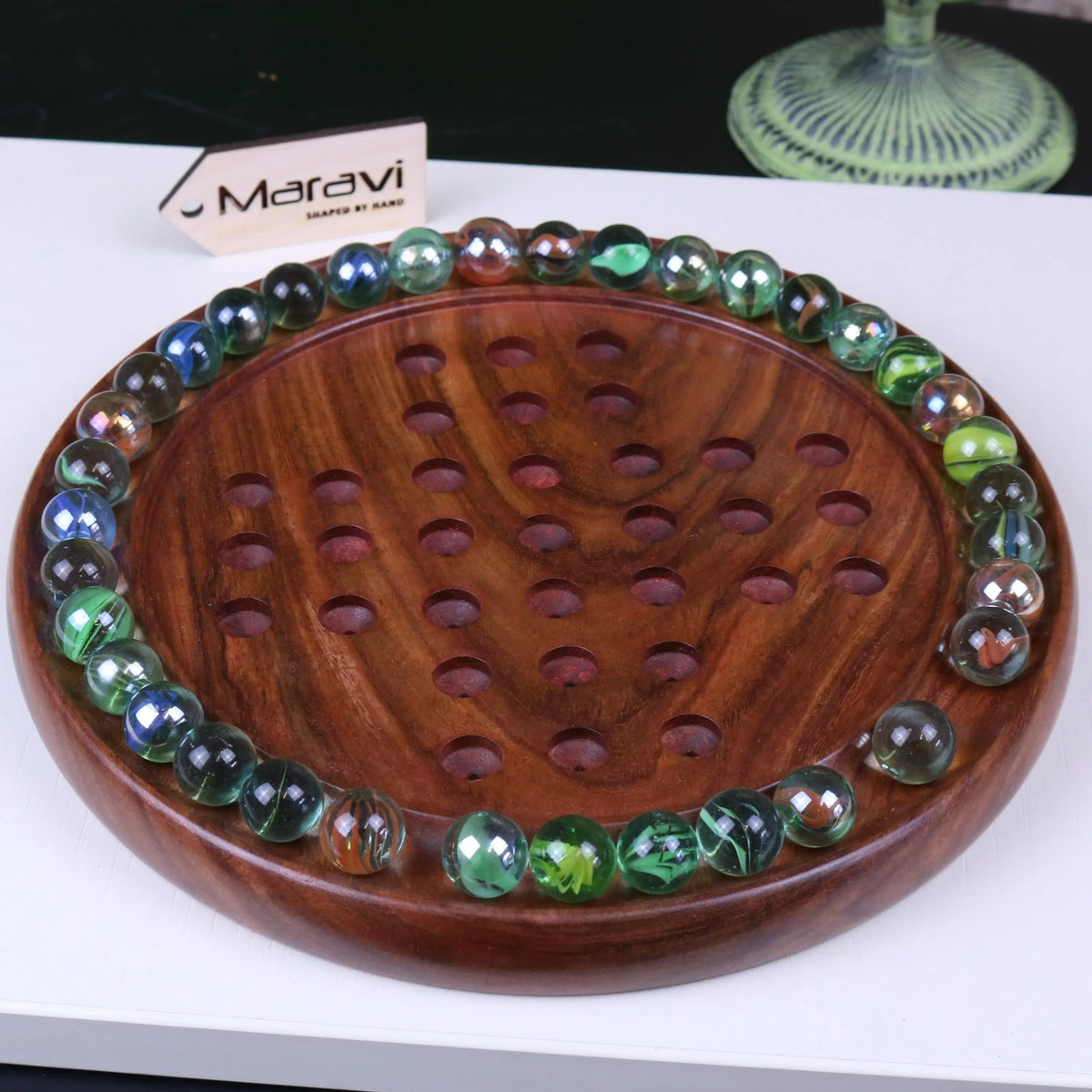 Jajur Sheesham Wood Solitaire Board Game with Glass Marbles, 3 Sizes