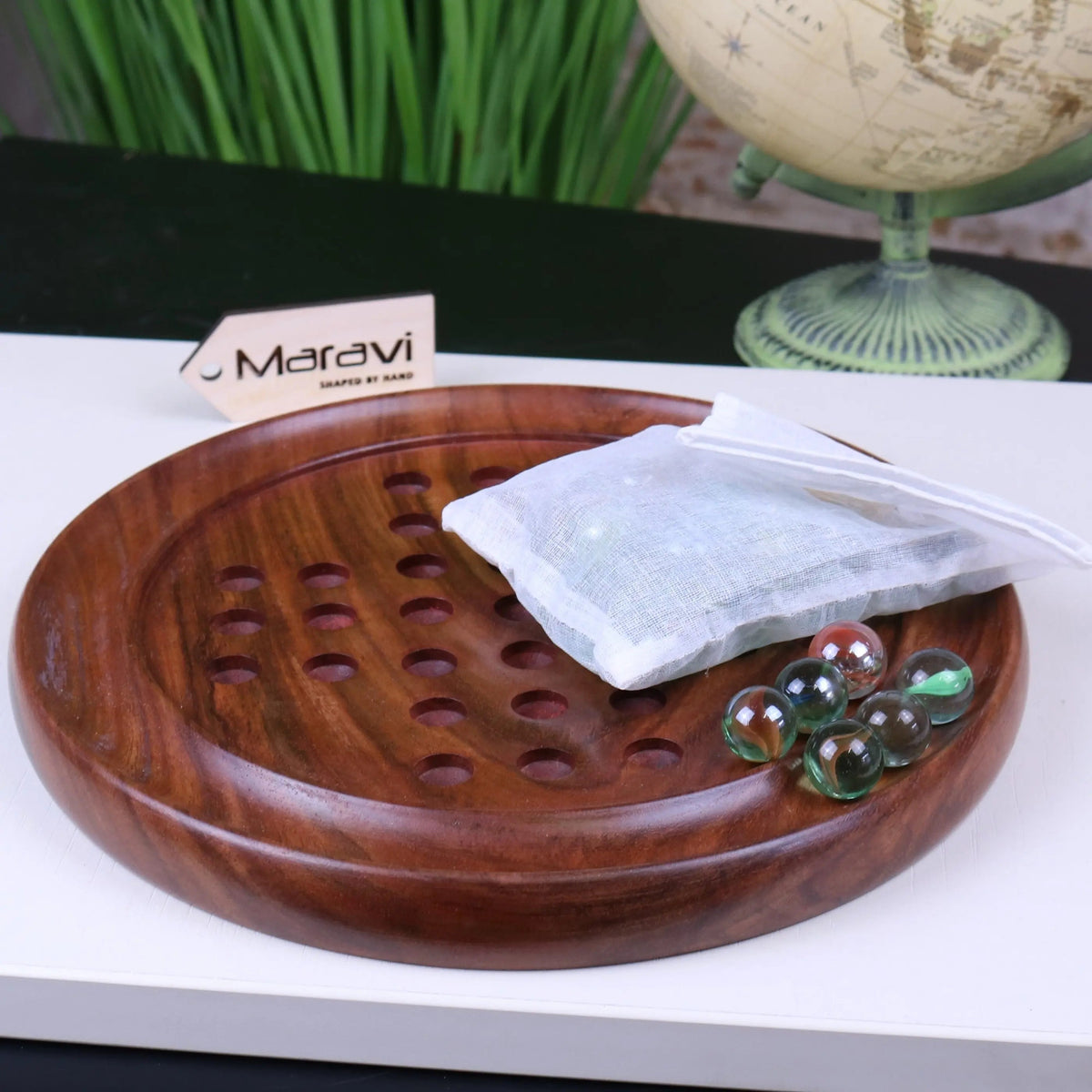 Jajur Sheesham Wood Solitaire Board Game with Glass Marbles, 3 Sizes