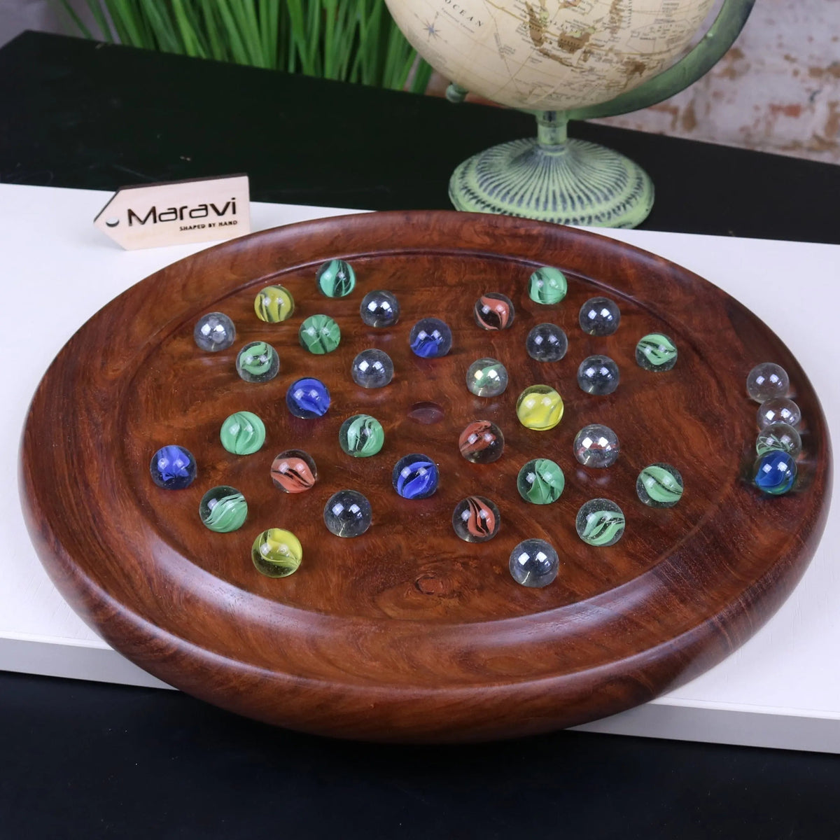 Jajur Sheesham Wood Solitaire Board Game with Glass Marbles, 3 Sizes