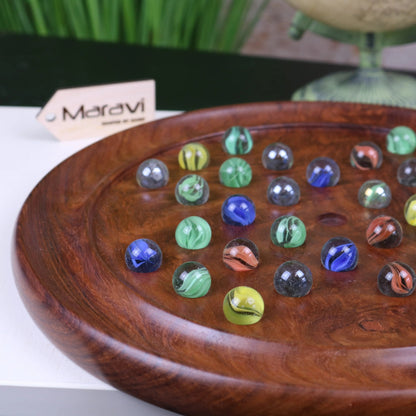 Jajur Sheesham Wood Solitaire Board Game with Glass Marbles, 3 Sizes