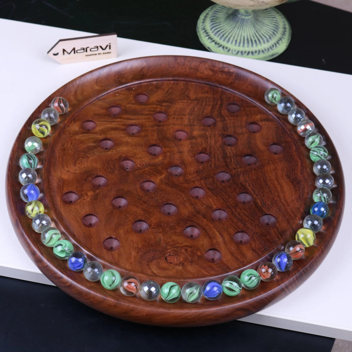 Jajur Sheesham Wood Solitaire Board Game with Glass Marbles, 3 Sizes