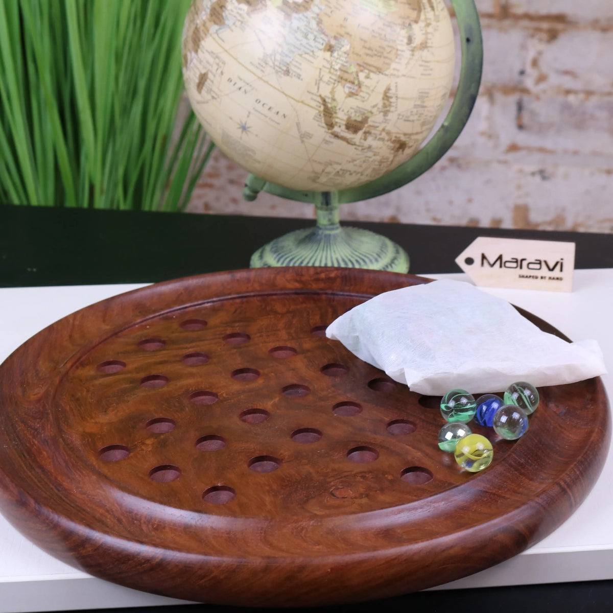 Jajur Sheesham Wood Solitaire Board Game with Glass Marbles, 3 Sizes