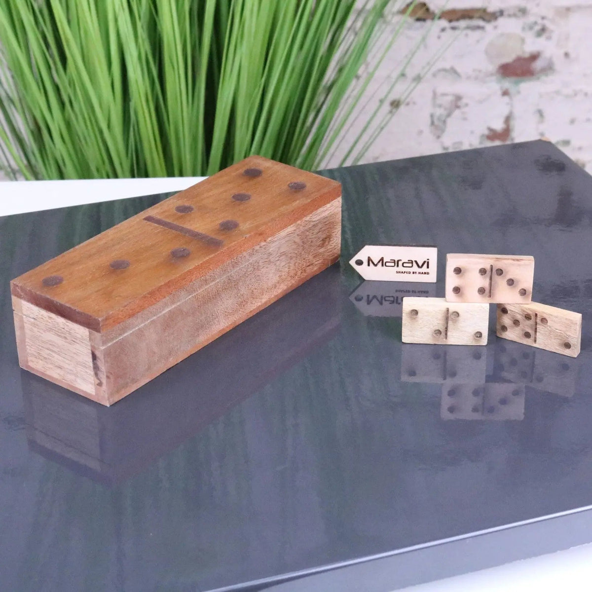 Jeyra Mango Wood Dominoes Set in Domino-Shaped Box