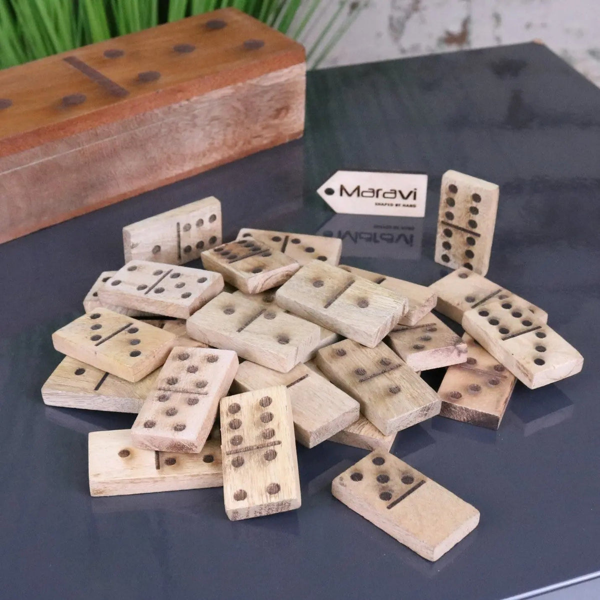 Jeyra Mango Wood Dominoes Set in Domino-Shaped Box