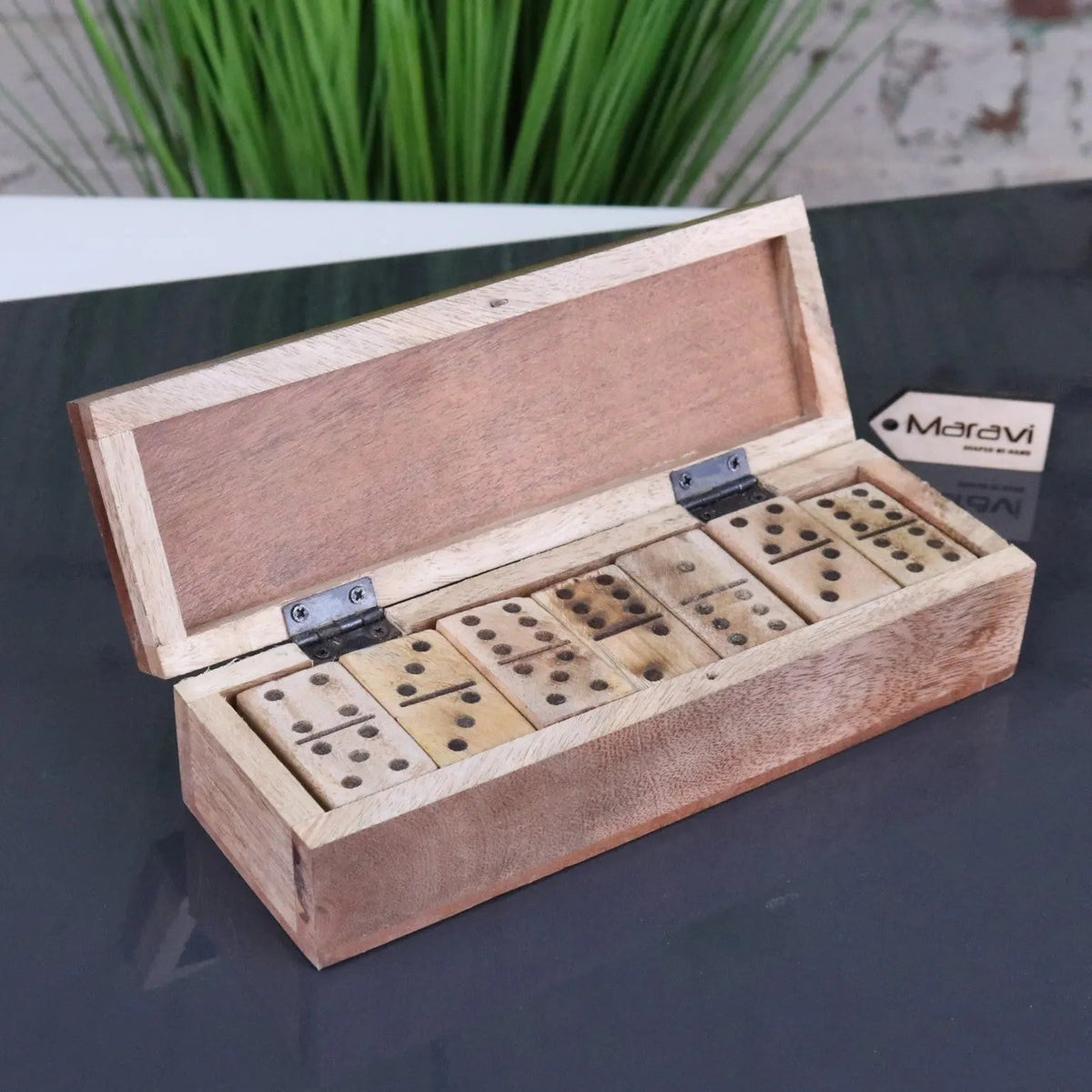 Jeyra Mango Wood Dominoes Set in Domino-Shaped Box