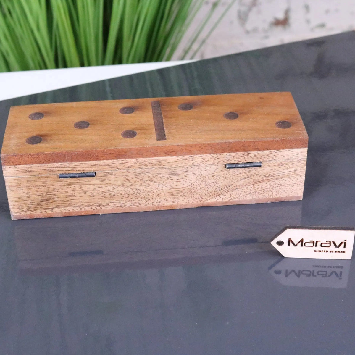 Jeyra Mango Wood Dominoes Set in Domino-Shaped Box
