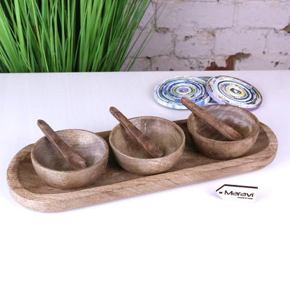 Karuna Mango Wood Serving Bowl Set of 3 with Spoons and Tray