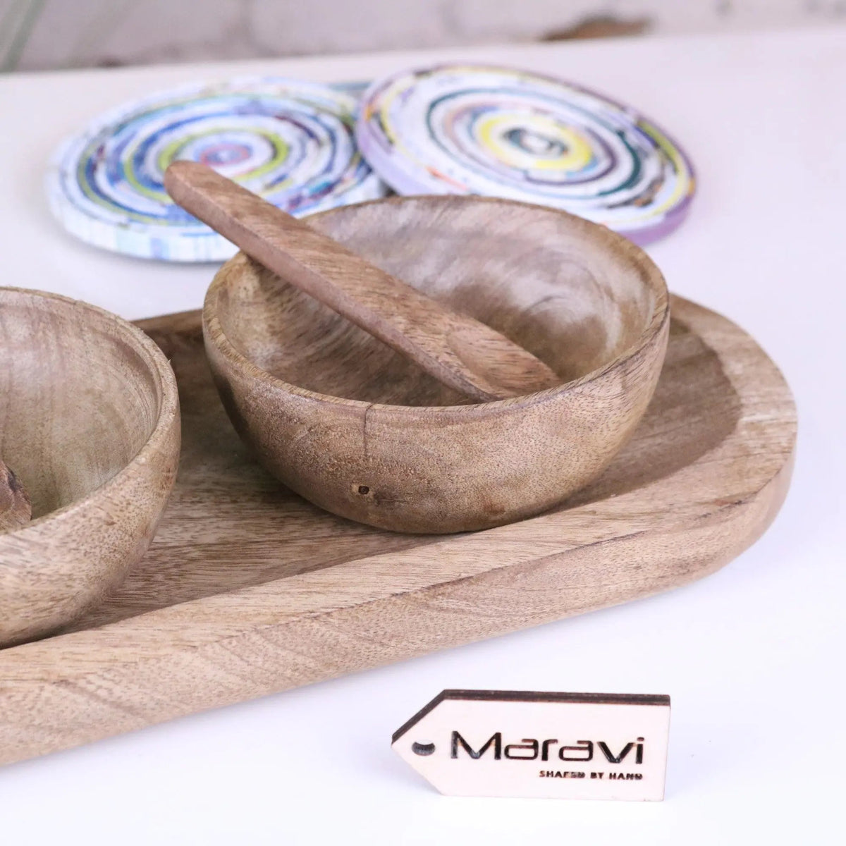Karuna Mango Wood Serving Bowl Set of 3 with Spoons and Tray