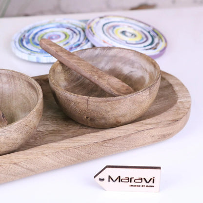 Karuna Mango Wood Serving Bowl Set of 3 with Spoons and Tray