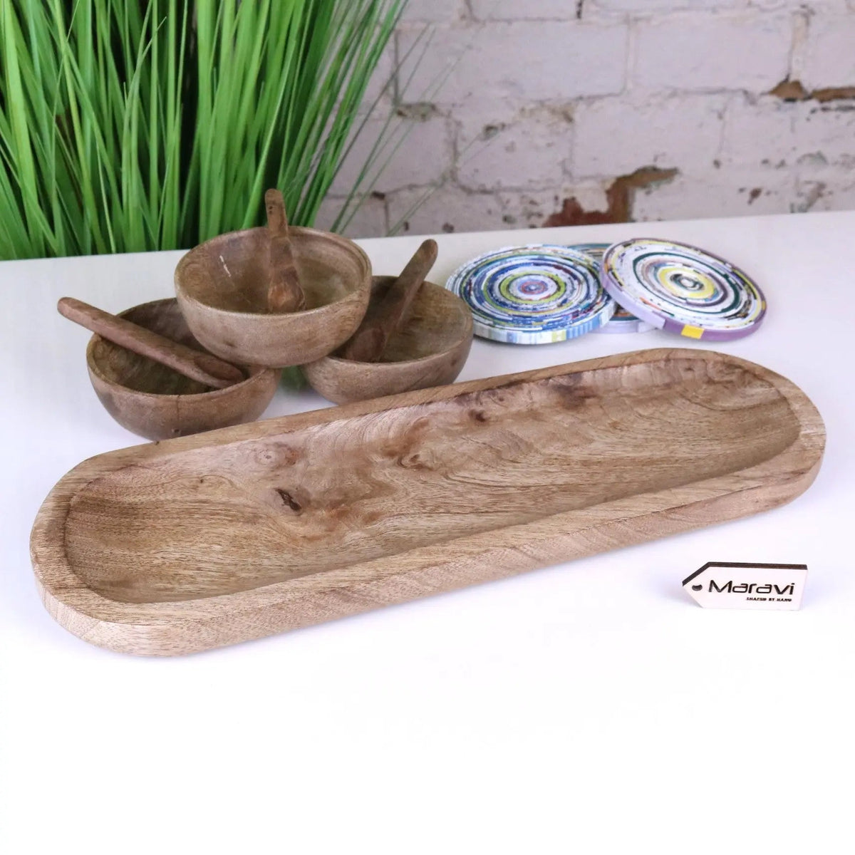 Karuna Mango Wood Serving Bowl Set of 3 with Spoons and Tray