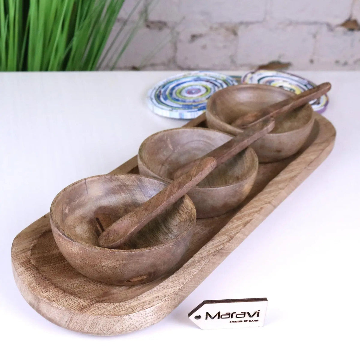 Karuna Mango Wood Serving Bowl Set of 3 with Spoons and Tray